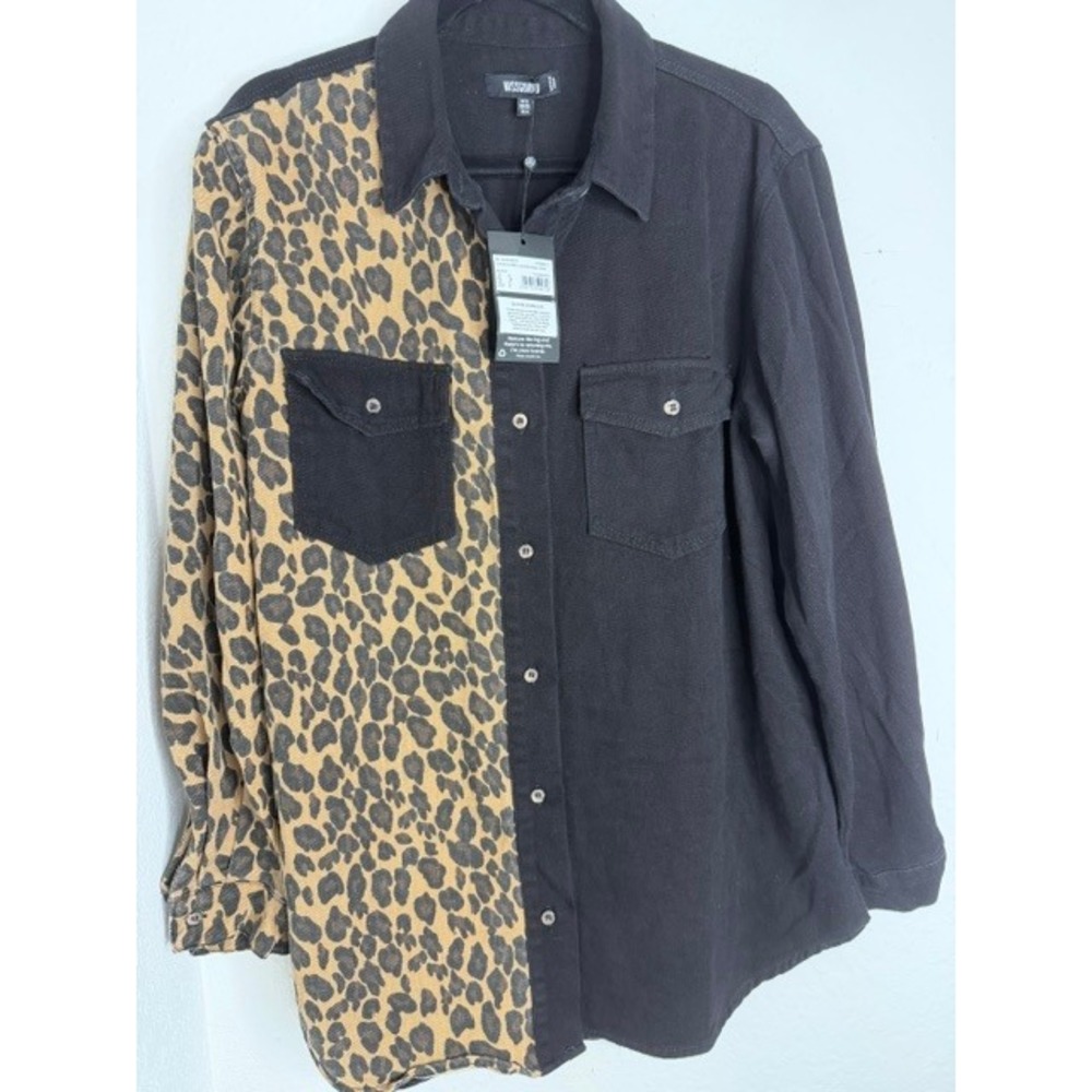 Missguided Womens Split Leopard Print Denim Shirt Black Animal Print US 4 NEW